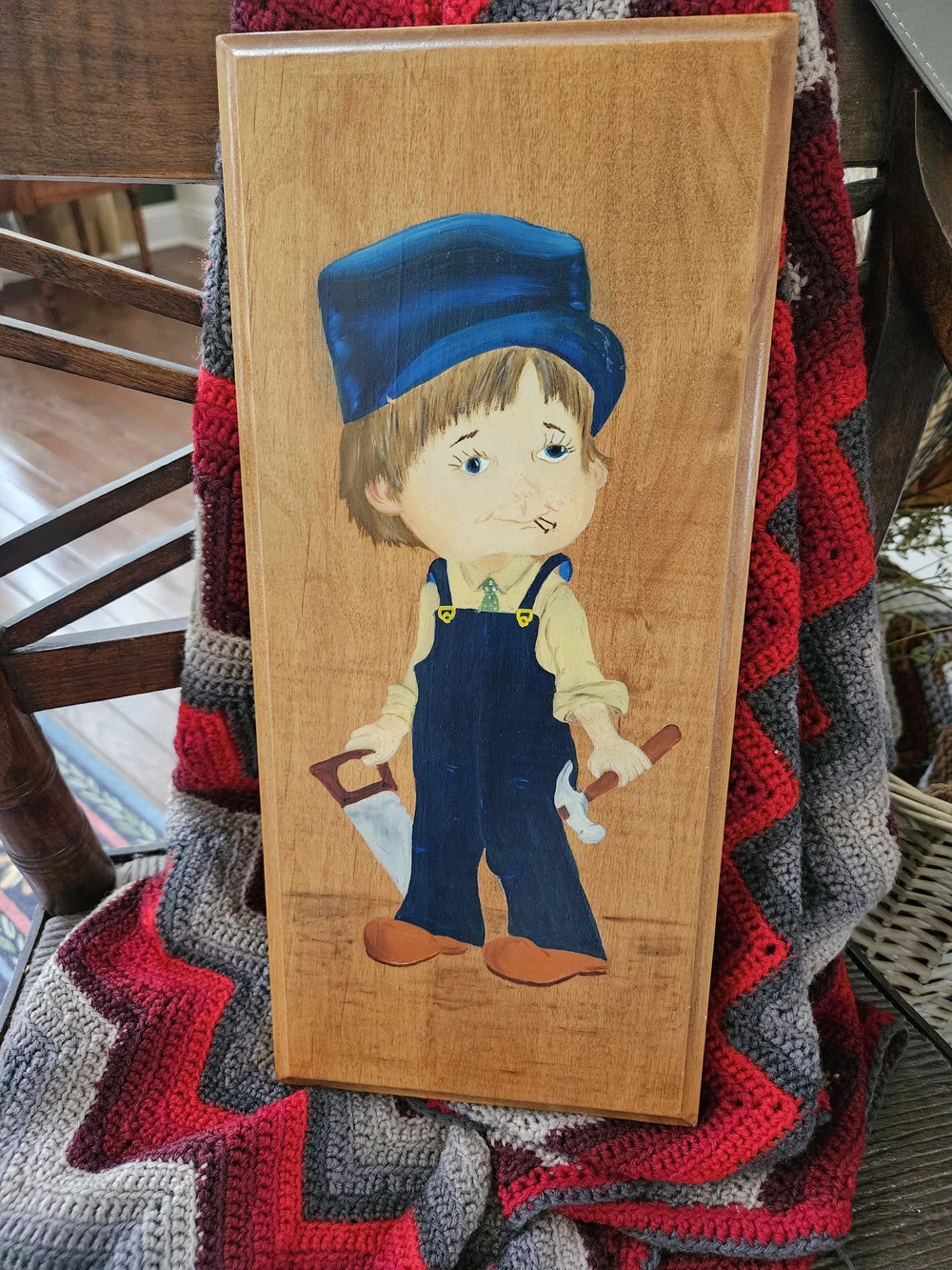 Hand-Painted Boy Wood Plaque in Blue and Brown